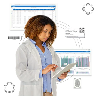 A scientist holding a tablet with data charts in the background
